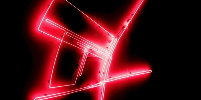 1366x768 Download wallpaper 1366x768 form, neon, red, wall, dark tablet