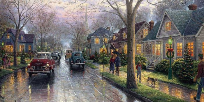 1332x850 Wallpaper street, Christmas, lights, painting, Christmas, Thomas