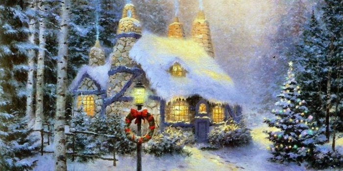 1024x768 art Christmas thomas-kinkade-stonehearth-hutch-wallpaper
