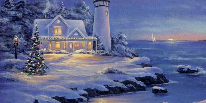 1024x768 Thomas Kinkade Christmas Lighthouse (#883341) - HD Wallpaper