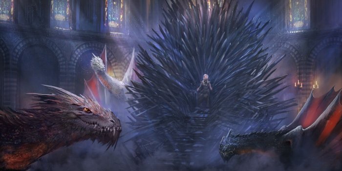 1920x958 Illustration of Daenerys Targaryen sitting on Iron Throne next to
