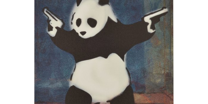 3000x3000 Shop Banksy Panda with Guns Blue Square Canvas Print Wall Art