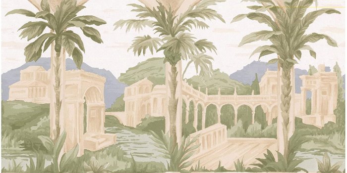 1500x1141 Prepasted Wallpaper Border - Ancient Arcs Palace Palm Trees