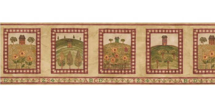 1200x900 Cream Red Farm House Squares Wallpaper Border