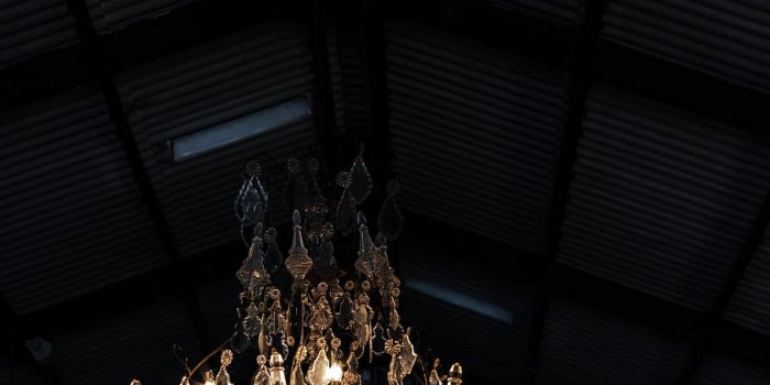 910x1365 HD wallpaper: clear crystal uplight chandelier, interior, dark