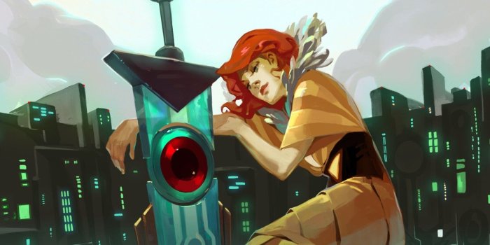1332x850 Wallpaper girl, the city, sword, art, Red, red hair, Transistor
