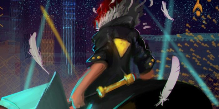 1332x850 Wallpaper girl, the city, sword, feathers, art, Red, red hair