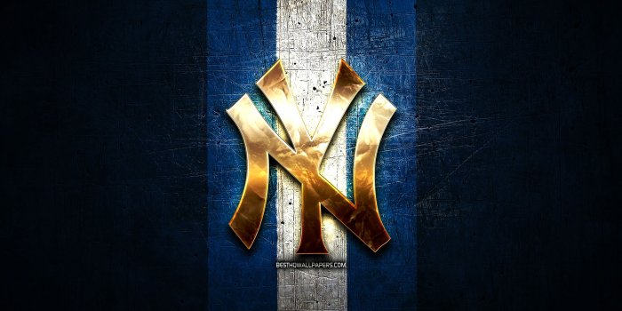 2880x1800 New York Yankees, Golden Logo, Mlb, Blue Metal Background