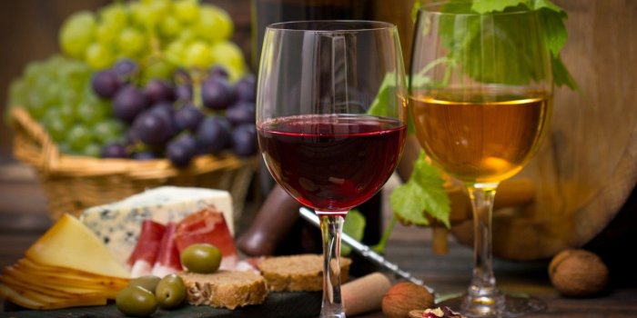 1332x850 Wallpaper wine, red, white, basket, cheese, glasses, grapes, nuts