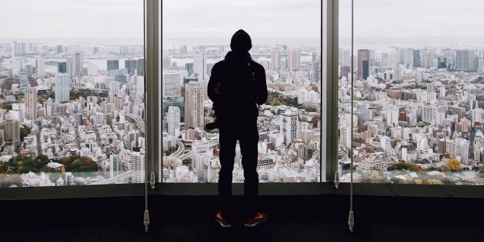 1920x1080 Download wallpaper 1920x1080 window, loneliness, overview, city