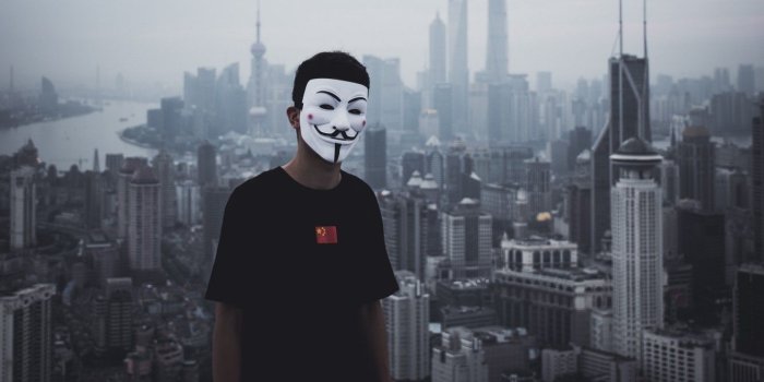 1332x850 Wallpaper city, view, fog, man, buildings, mask, miscellaneous