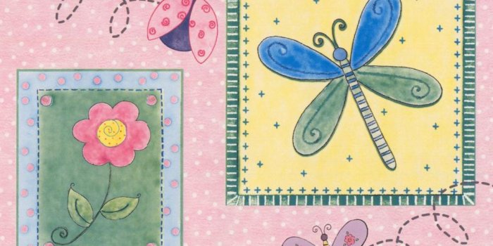 1000x1000 Retro Art Stylized Bee Butterfly Flower Dragonfly Ladybug in