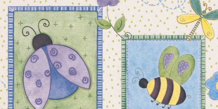 1348x1253 Stylized Bee Butterfly Flower Dragonfly Ladybug in Squares Purple