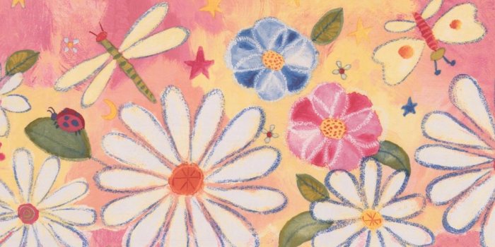 1000x1000 Retro Art White Daisies Red Blue Flowers Dragonfly Butterfly