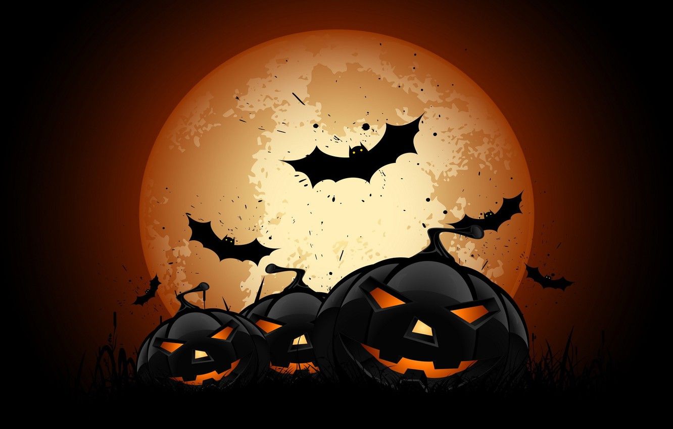 1332x850 Wallpaper vector, Halloween, moon, night, bats, pumpkins, full
