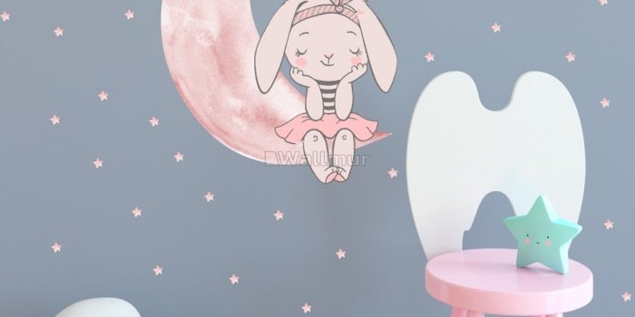 1200x1322 Kids Watercolor Cute Rabbit and Pink Moon with Little Stars Wall