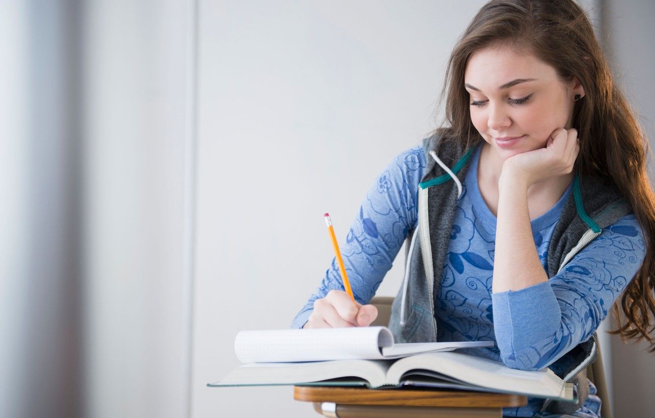 1332x850 Wallpaper girl, blue, beautiful, Studying, Student images for