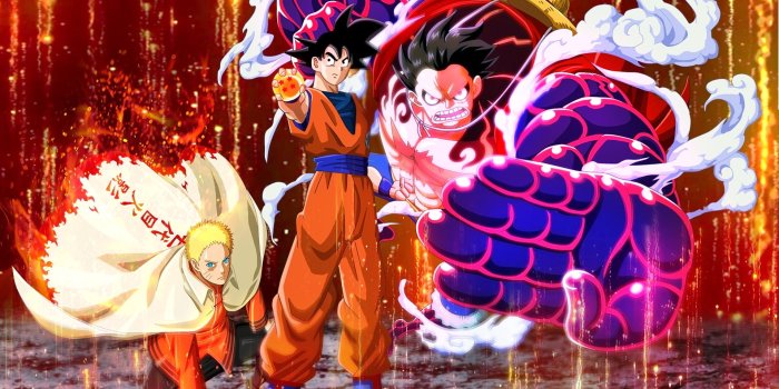 1920x1433 Goku, Luffy, and Naruto poster, crossover, Son Goku, Monkey D