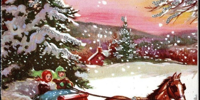 819x1000 Vtg Christmas Card Old Fashioned Horse Drawn Sleigh Ride Glitter