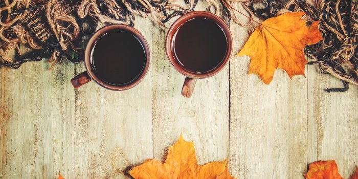 1332x850 Wallpaper autumn, leaves, plaid, wood, autumn, leaves, coffee cup