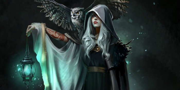 1332x850 Wallpaper night, owl, wings, tattoo, hood, lantern, witch, cloak
