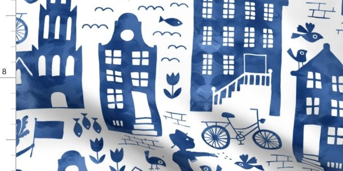 1058x914 Dutch Buildings Travel Watercolor Europe Blue Fabric Printed by
