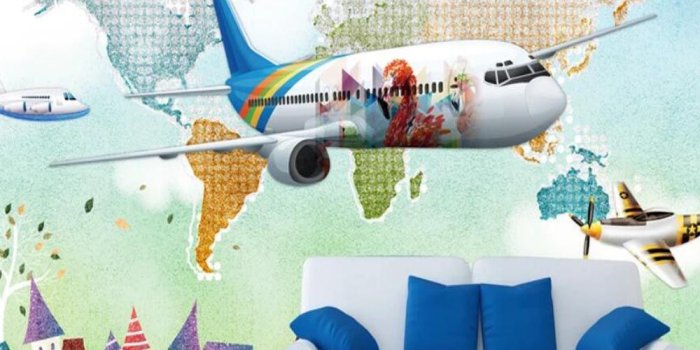 1000x1000 3D Watercolor World Map Airplane Wallpaper Murals for Kids Living
