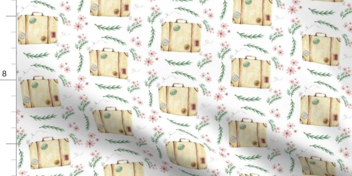 1058x914 Travel Tan Pink Suitcase Watercolor Modern Mid Fabric Printed by