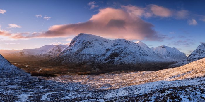 8476x3332 Snow-covered mountain under blue sky, glencoe, scotland HD