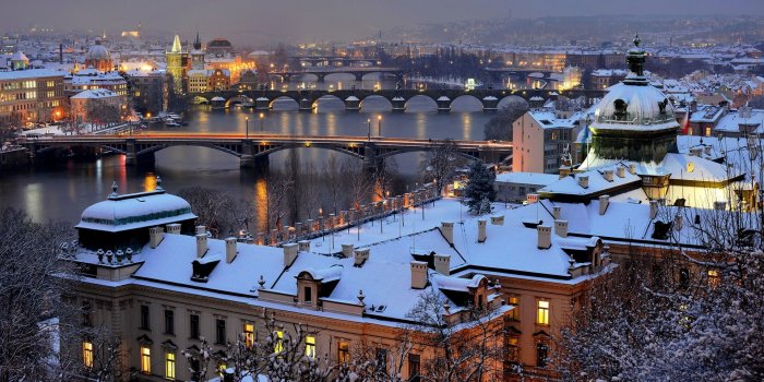 1920x1080 winter, snow, cityscapes, Prague, Czech Republic, evening, cities
