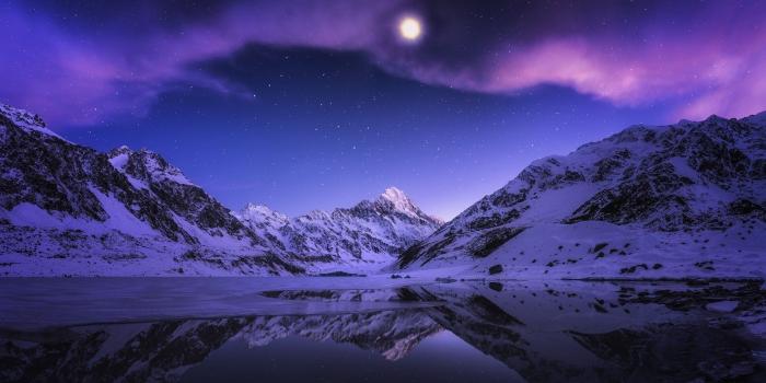 2048x921 landscape, Nature, Lake, Mountain, Snow, Reflection, Stars