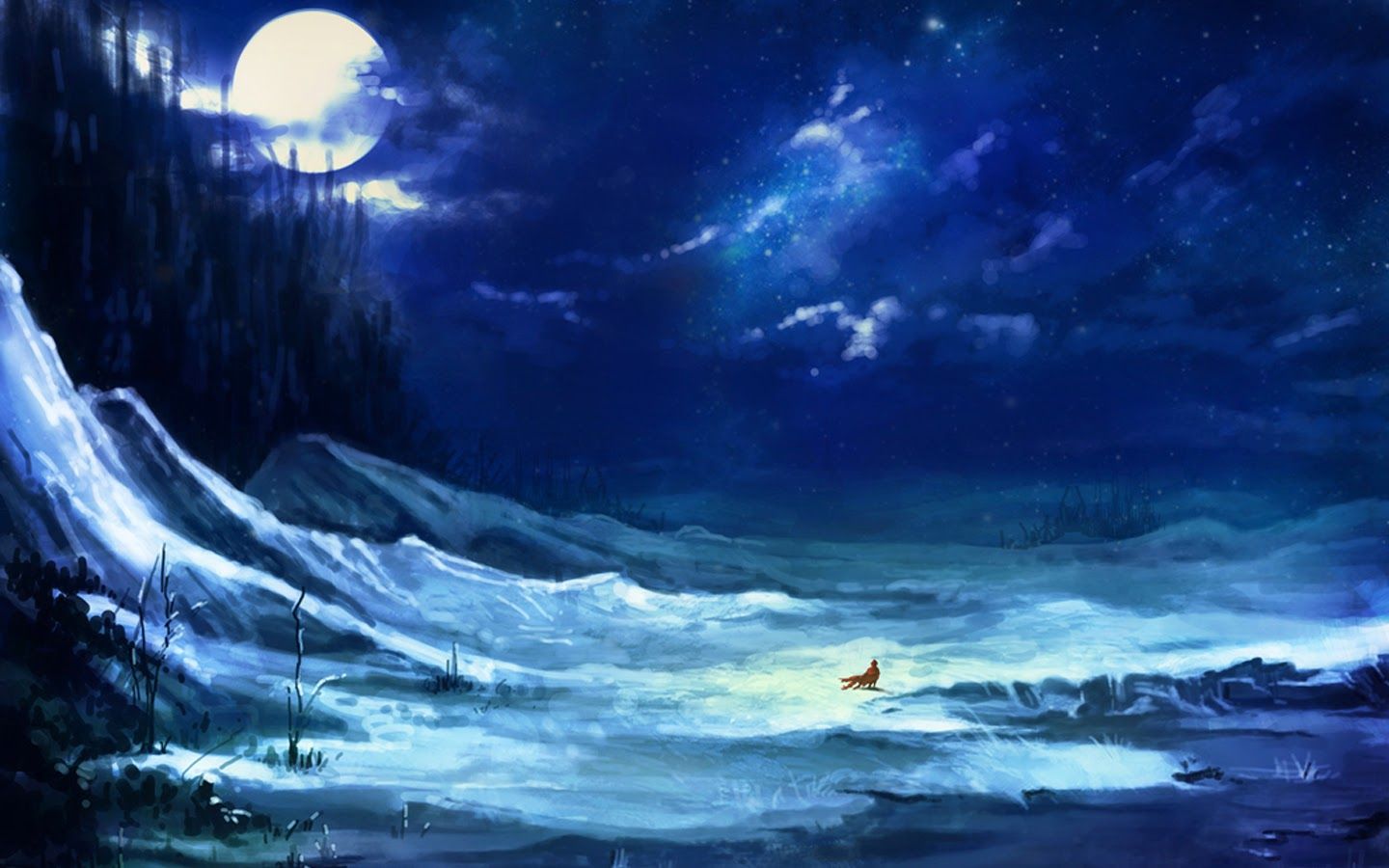 1440x900 Free download landscape snow night full moon scenery girl