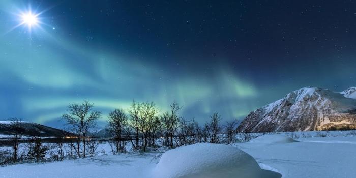 1332x850 Wallpaper winter, stars, snow, mountains, night, the moon
