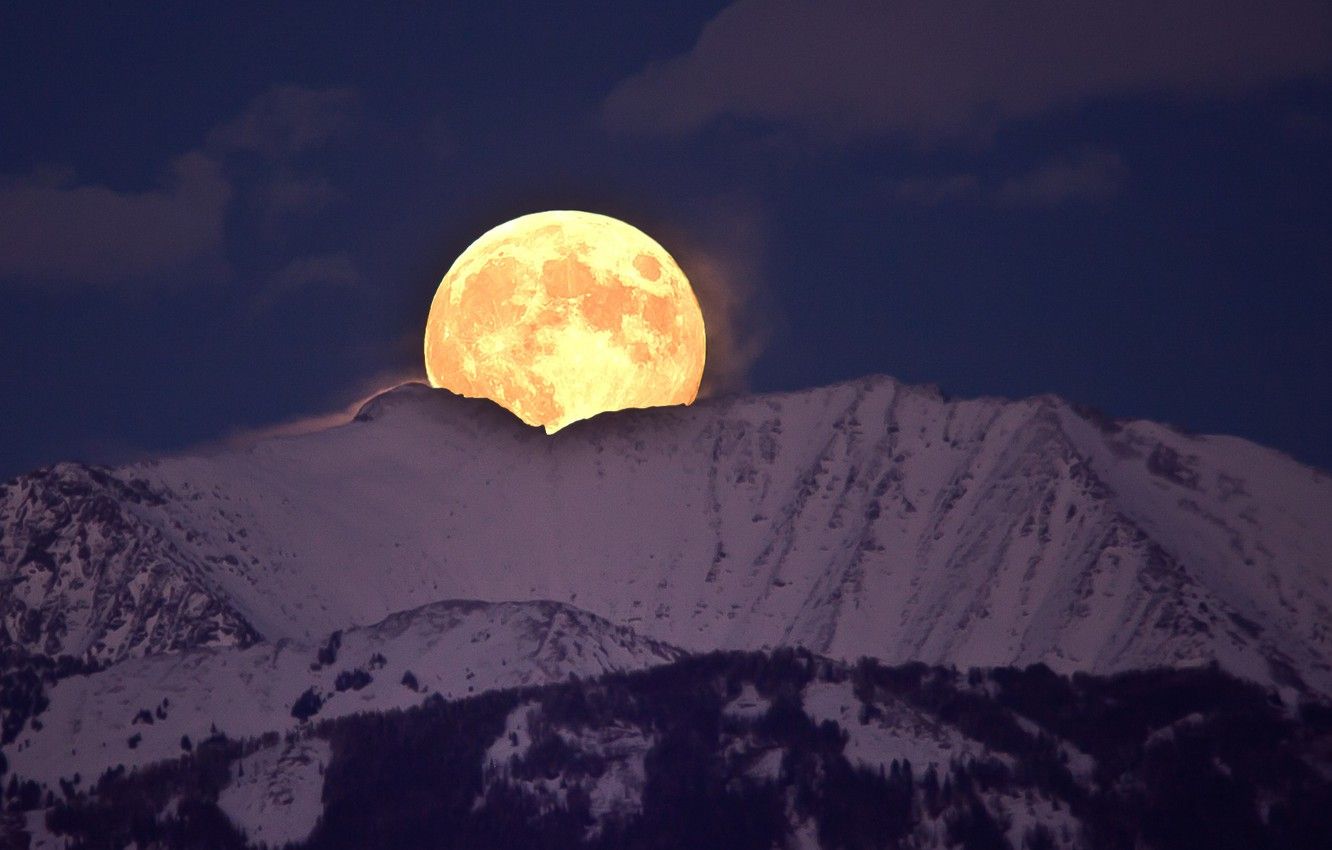 1332x850 Wallpaper moon, night, winter, mountains, snow, full moon, rising