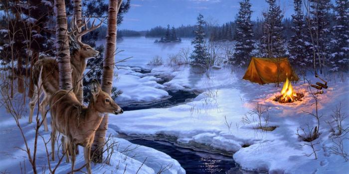 1920x1200 Darrell Bush Moon Shadows painting winter snow animals deer