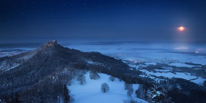 2048x1152 landscape, Nature, Winter, Castle, Snow, Forest, Moon, Starry