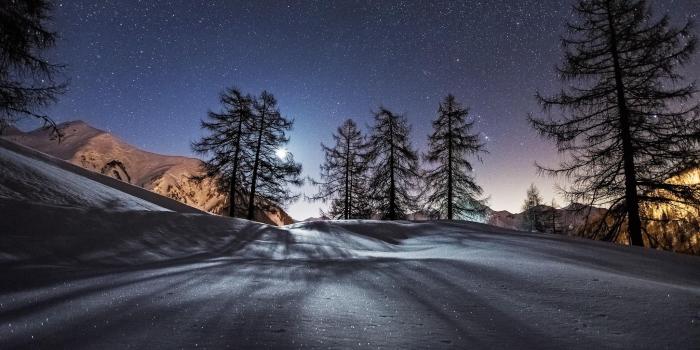 2048x1365 photography, Nature, Landscape, Trees, Night, Mountain, Moon, Snow