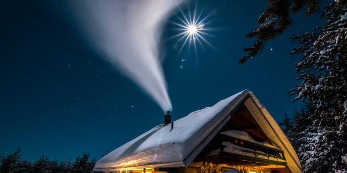 2560x1709 wood, House, Nature, Landscape, Chimneys, Smoke, Moon, Moonlight