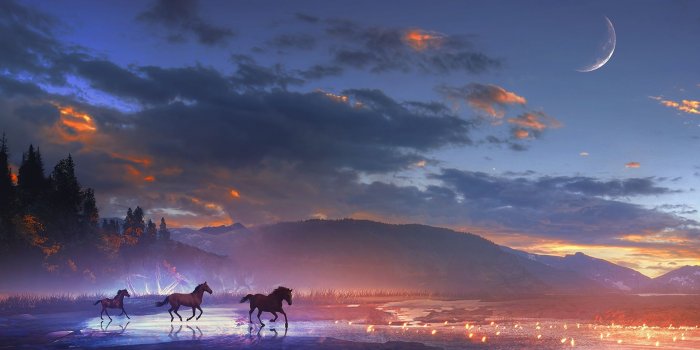 1920x1440 Wallpaper Art design, mountains, horses, moon, clouds, night