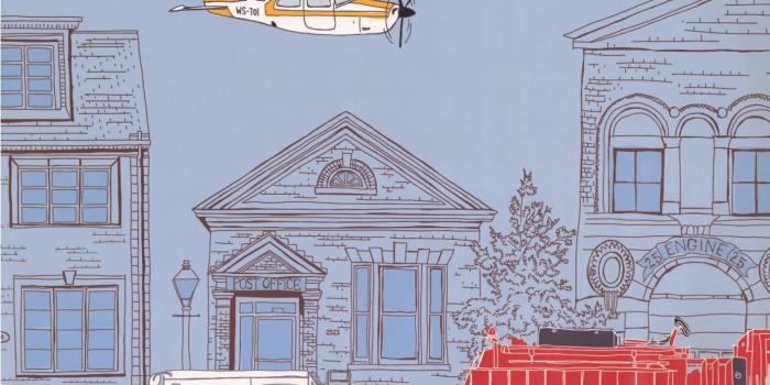 1416x1022 Industrial City Cartoon View Plane Post Office Fire Truck Extra