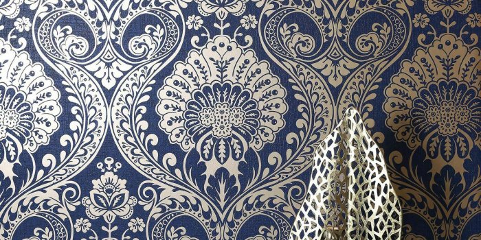 1500x1500 WM91030801 Blue Navy Gold Damask Metallic baroque Wallpaper