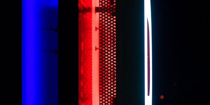 2560x1080 Download wallpaper 2560x1080 neon, backlight, wall, dark, blue