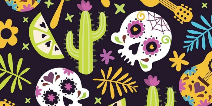 938x1668 Download wallpaper 938x1668 mexico, skull, guitar, cacti, patterns