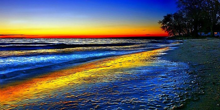 1366x768 Ocean Beach | Beach Colorful Ocean Rainbow Sky Trees Wave Free Hd
