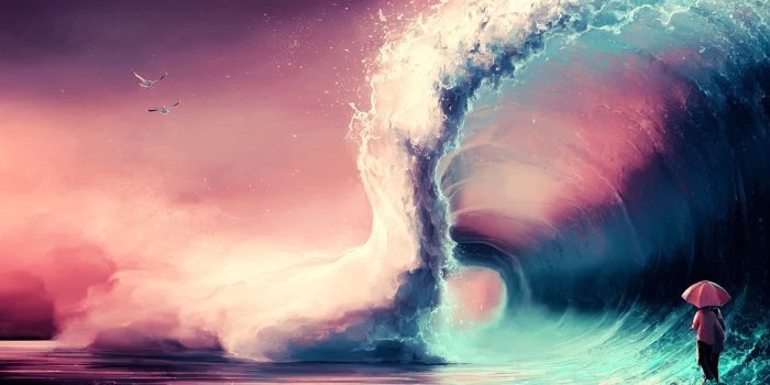 1920x1080 Person holding umbrella near ocean waves painting HD wallpaper