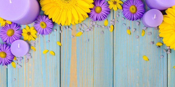 1332x850 Wallpaper flowers, background, blue, chamomile, candles, gerbera