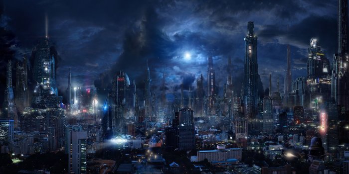 2652x1304 Futuristic City, Sci-fi, Skyscrapers, Night, Dark City, Flying