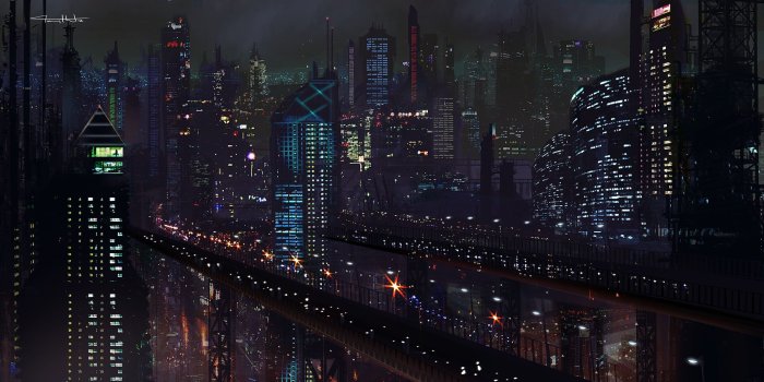2657x1329 Black buildings at nighttime, artwork, futuristic, city, night HD