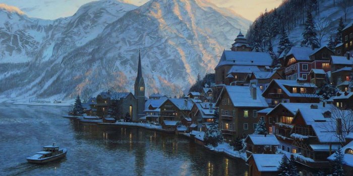 1332x850 Wallpaper winter, snow, landscape, sunset, mountains, lake