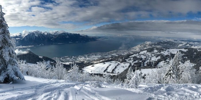 1332x850 Wallpaper winter, snow, trees, mountains, lake, Switzerland, Alps